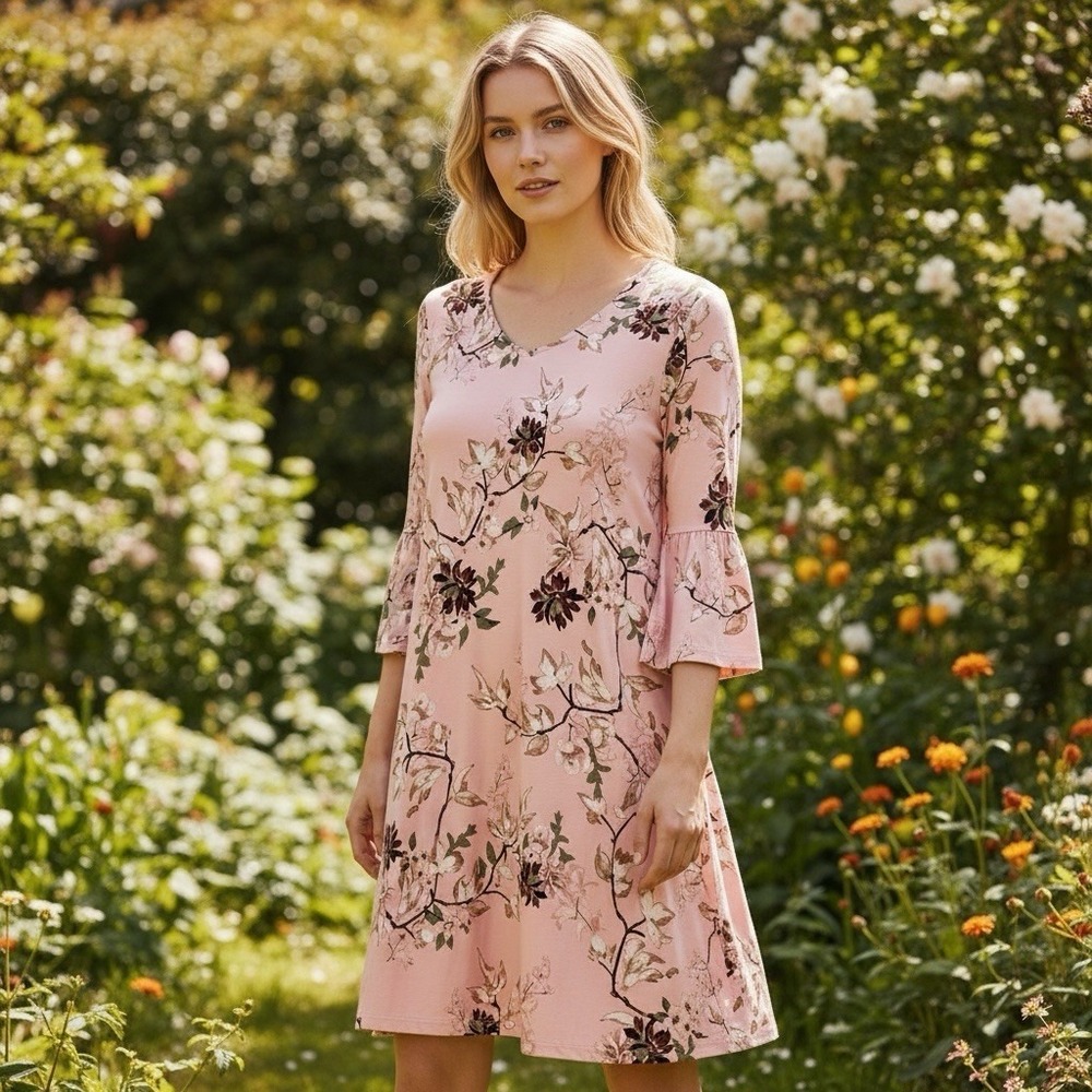 New Directions PL Pink Cherry Blossom 3/4 Bell‎ Sleeve Feminine Travel Dress New